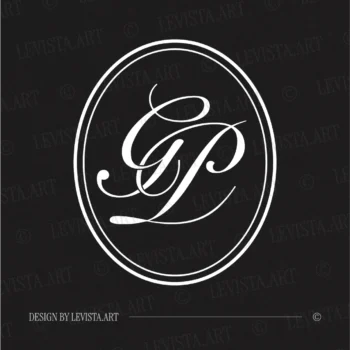 White GP initials as minimalist interlocking letter logo on black background for elegant modern wedding stationery suite, gobo projections and floor wrap
