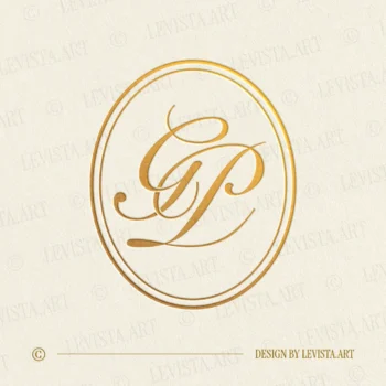 Gold GP monogram with smoothly curved thin lines as interlocking letter logo design for luxury wedding stationery, wax seals, foil stamping, embossing and branding