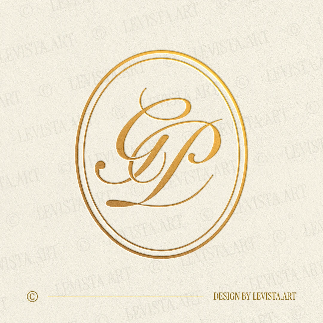 Gold GP monogram with smoothly curved thin lines as interlocking letter logo design for luxury wedding stationery, wax seals, foil stamping, embossing and branding