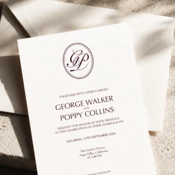 Rich burgundy GP wedding monogram with smoothly curved thin interlocking letters as premium initials design with couple names on an invitation card lying on an envelope for stylish stationery, invites, mailing and décor