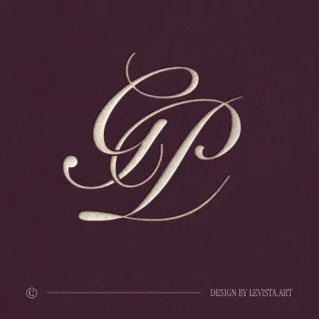 Silver GP letter logo as refined initials design on a rich burgundy background for premium wedding stationery suite, wax seals, embossing and foil stamping