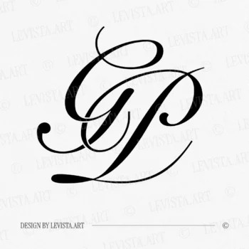 Black GP wedding logo with thin interlocking letters on a white background for premium stationery suite, embossing, quality letterpress and wax seals