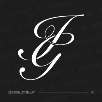 White IG initials as minimalist interlocking letter logo on black background for stylish modern wedding stationery suite, gobo projections and floor wrap