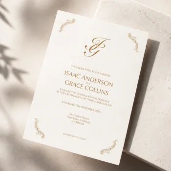 Golden brown IG wedding monogram with smoothly curved thin interlocking letters as premium initials design with couple names on an invitation card for luxury stationery, invites, mailing and décor