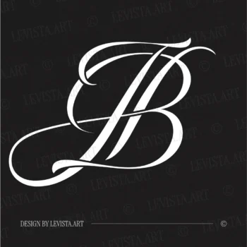 White JB initials as minimalist interlocking letter logo on black background for elegantly modern wedding stationery suite, gobo projections and floor wrap