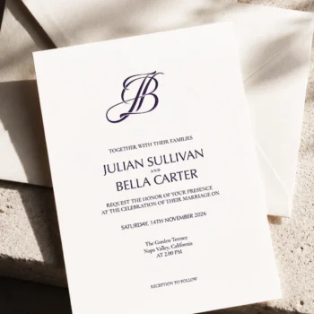 Rich lilac JB wedding monogram with smoothly curved thin interlocking letters as premium initials design with couple names on an invitation card lying on an envelope for luxury stationery, invites, mailing and décor