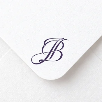 Rich lilac JB letters as stylish initials logo design on a light textured envelope for premium stationery suites, wedding décor, letterpress and high-quality print