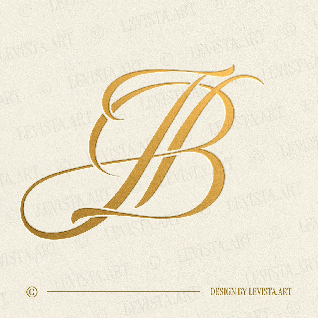 Gold JB monogram with smoothly curved thin lines as interlocking letter logo design for luxury wedding stationery, wax seals, foil stamping, embossing and branding