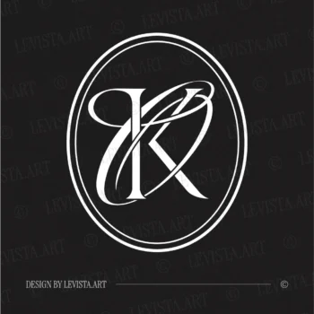 White KO and OK initials as minimalist interlocking letter logo on black background for luxury wedding stationery suite, gobo projections and floor wrap