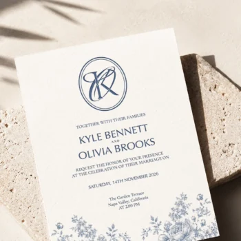 Light navy blue KO and OK wedding monogram with semi-bold interlocking letters as premium initials design with couple names on an invitation card for exquisite stationery, invites, mailing and décor