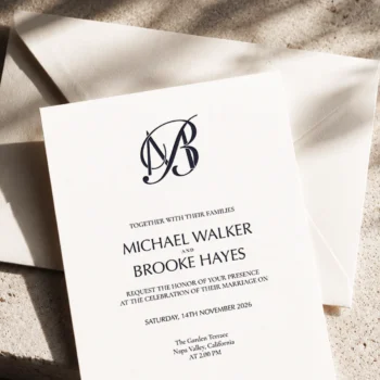 Rich navy blue MB and BM wedding monogram with semi-bold interlocking letters as premium initials design with couple names on an invitation card lying on an envelope for luxury stationery, invites, mailing and décor