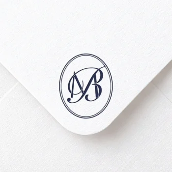 Rich navy blue MB and BM letters as stylish initials logo design on a light textured envelope for exquisite stationery suites, wedding décor and high-quality print