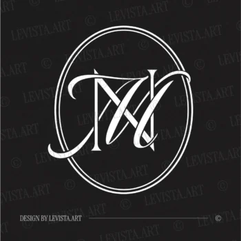 White NM and MN initials as modern minimalist interlocking letter logo on black background for sophisticated wedding stationery suite, gobo projections and floor wrap