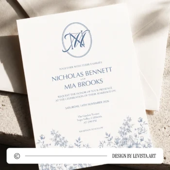 Light navy blue NM and MN wedding monogram with semi-bold interlocking letters as premium modern initials design with couple names on an invitation card lying on an envelope for stylish stationery, invites, mailing and décor