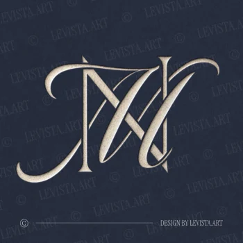 Silver NM and MN letter logo as refined initials design in modern minimalist style on a rich blue background for exquisite wedding stationery suite, wax seals, embossing and foil stamping