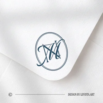 Rich navy blue NM and MN letters as stylish modern initials logo design on a light textured envelope for refined stationery suites, wedding décor and high-quality print