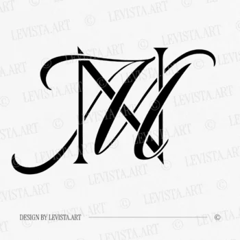 Black NM and MN wedding logo with semi-bold interlocking letters in modern minimalism on a white background for luxury stationery suite, embossing, quality letterpress and wax seals