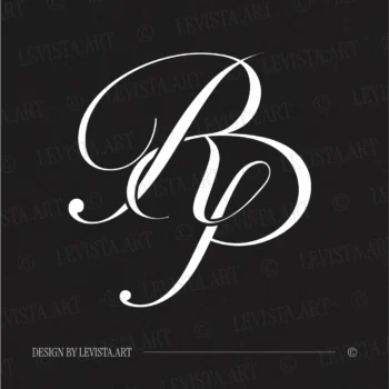 White RP initials as minimalist interlocking letter logo on black background for elegant modern wedding stationery suite, gobo projections and floor wrap