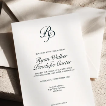 Navy blue RP wedding monogram with smoothly curved thin interlocking letters as premium initials design with couple names on an invitation card for premium stationery, invites, mailing and décor