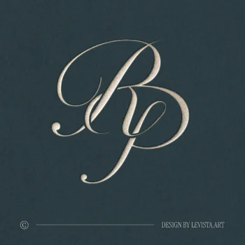 Silver RP letter logo as refined initials design on a navy blue background for modern wedding stationery suite, wax seals, embossing and foil stamping