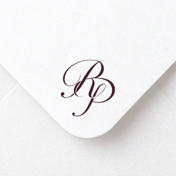 Rich burgundy RP letters as stylish initials logo design on a light textured envelope for exquisite stationery suites, wedding décor, letterpress and high-quality print