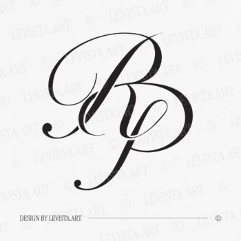 Black RP wedding logo with thin interlocking letters on a white background for premium stationery suite, embossing, quality letterpress and wax seals