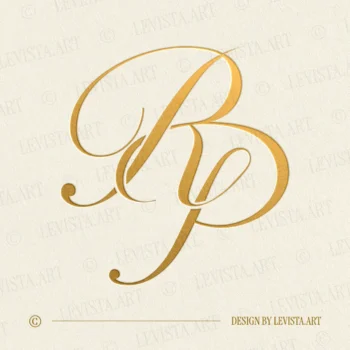 Gold RP monogram with smoothly curved thin lines as interlocking letter logo design for luxury wedding stationery, wax seals, foil stamping, embossing and branding