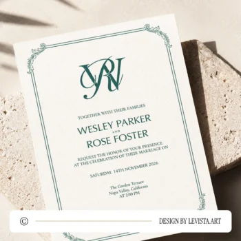 Emerald green RW and WR wedding monogram with semi-bold interlocking letters as premium modern initials design with couple names on an invitation card lying on an envelope for exquisite stationery, invites, mailing and décor