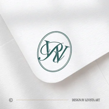 Emerald green RW and WR letters as stylish modern initials logo design on a light textured envelope for sophisticated stationery suites, wedding décor and high-quality print
