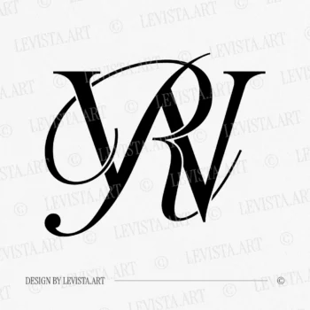 Black RW and WR wedding logo with semi-bold interlocking letters in modern minimalism on a white background for refined stationery suite, embossing, quality letterpress and wax seals