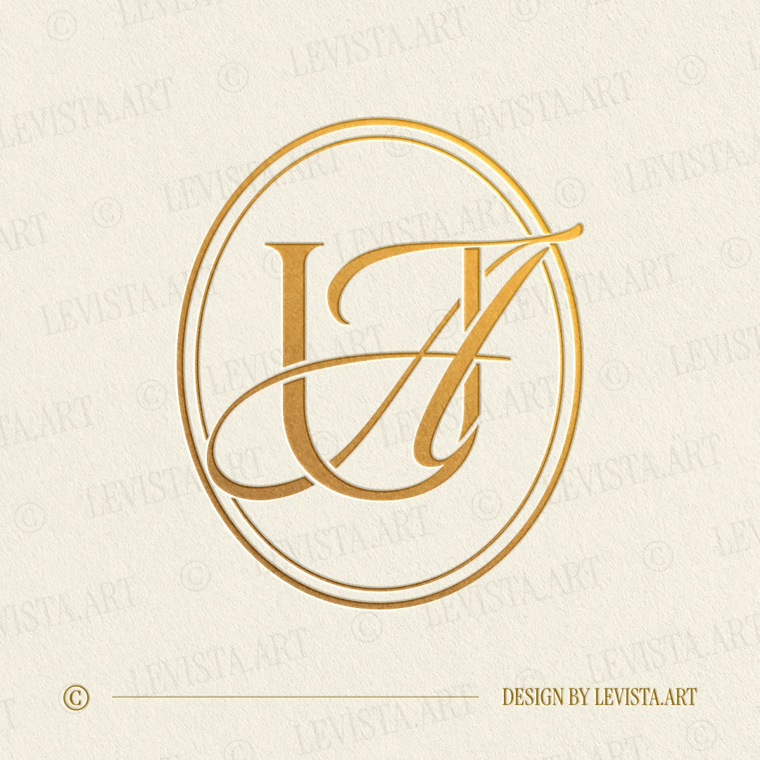 Gold UA and AU monogram as elegant interlocking letter logo design for modern wedding stationery, wax seals, foil stamping, embossing and branding