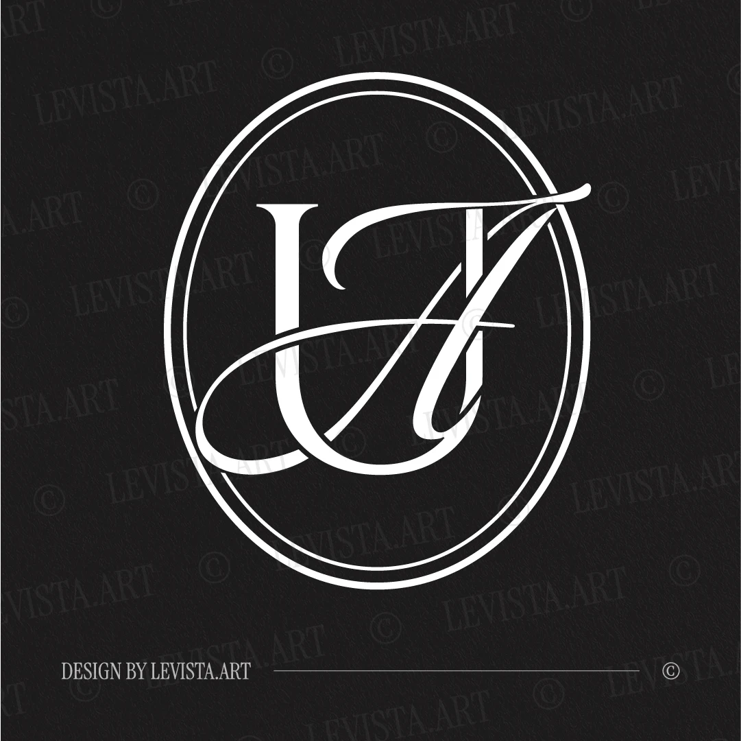 UA & AU Monogram | Elegant letter logo design White UA and AU initials as minimalist interlocking letter logo on black background for premium wedding stationery suite, gobo projections and floor wrap