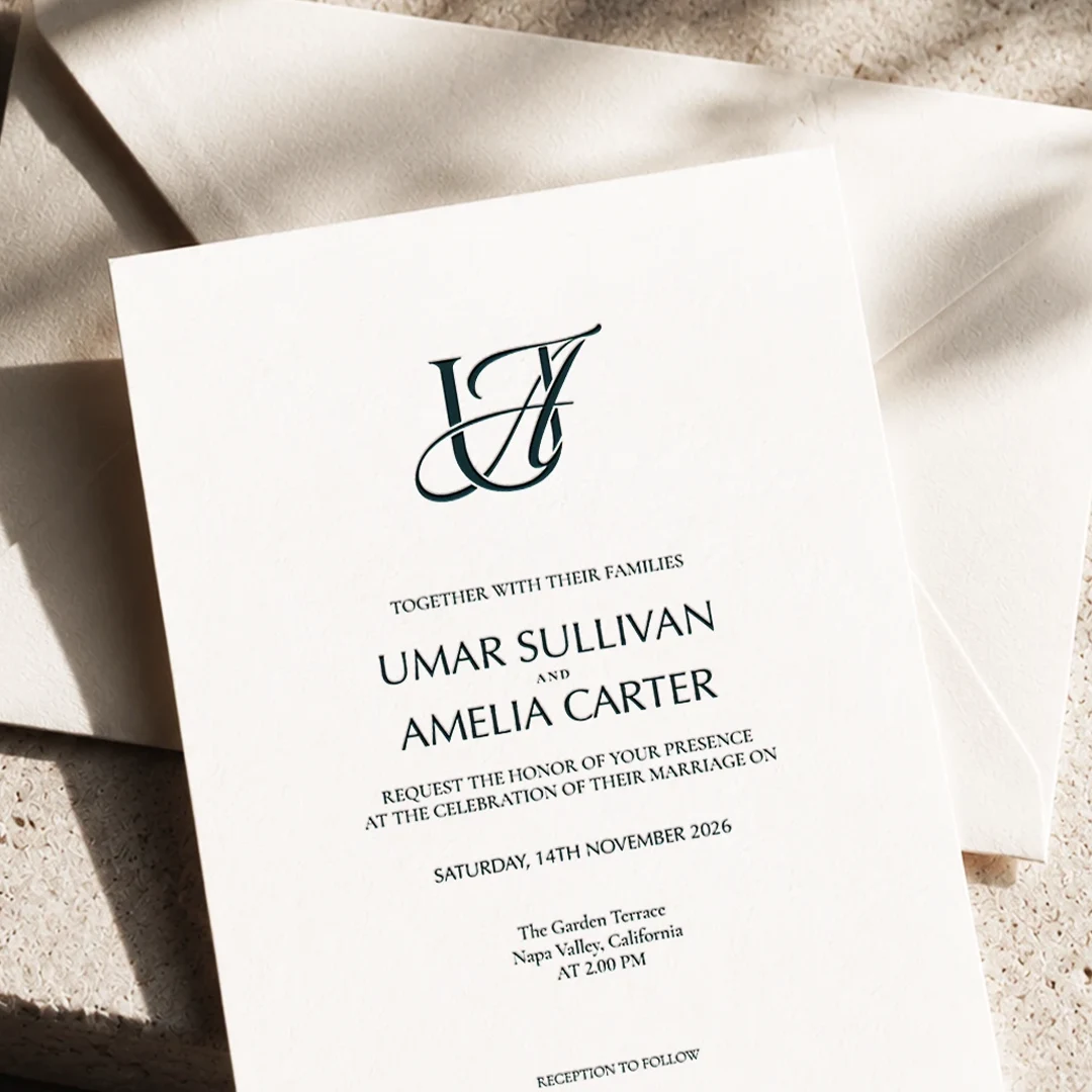 UA & AU Monogram | Elegant letter logo design Blue emerald UA and AU wedding monogram with semi-bold interlocking letters as premium initials design with couple names on an invitation card for luxury stationery, invites, mailing and décor
