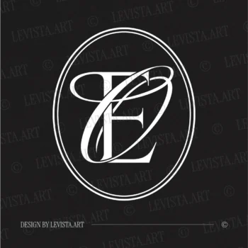 White EO and OE initials design as modern minimalist interlocking letter logo of straight E and artistic O on black background for refined wedding stationery suite, gobo projections and floor wrap