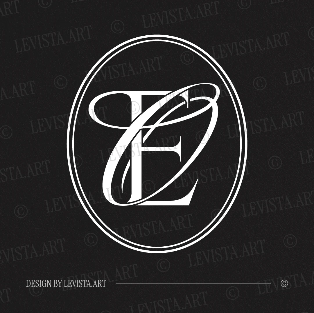 White EO and OE initials design as modern minimalist interlocking letter logo of straight E and artistic O on black background for refined wedding stationery suite, gobo projections and floor wrap