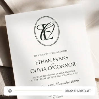 Dark olive green EO and OE wedding monogram with semi-bold interlocking letters as premium modern initials logo design with couple names on an invitation card lying on a light brown envelope for exquisite stationery, invites, mailing and décor