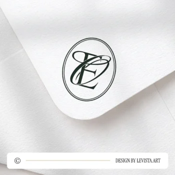 Dark olive green EO and OE logo design as stylish modern minimalist monogram on a light textured envelope for premium stationery suites, wedding décor and high-quality print