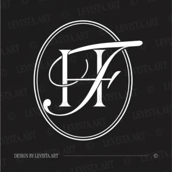 White HF and FH initials design as modern minimalist interlocking letter logo on black background for refined wedding stationery suite, gobo projections and floor wrap
