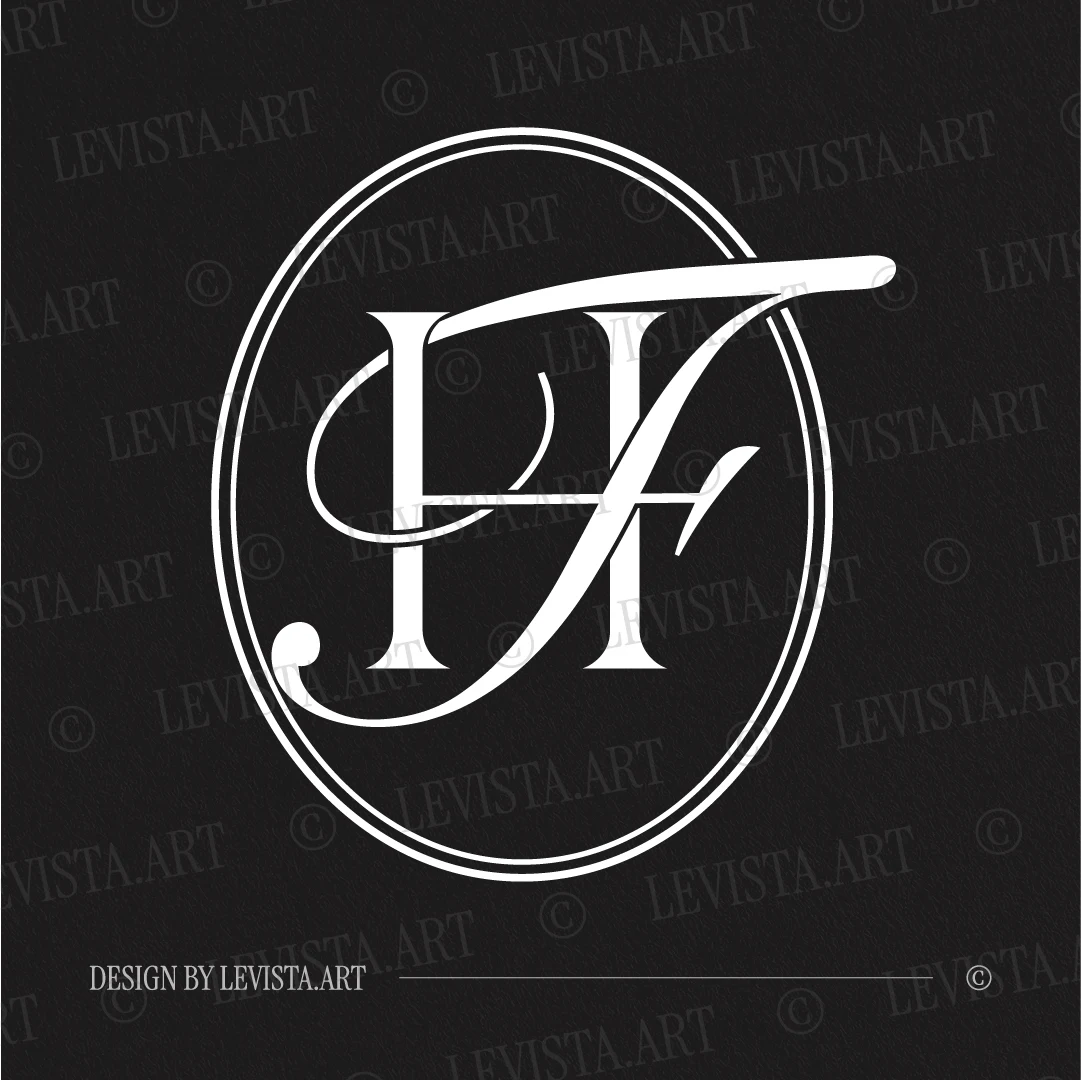 White HF and FH initials design as modern minimalist interlocking letter logo on black background for refined wedding stationery suite, gobo projections and floor wrap
