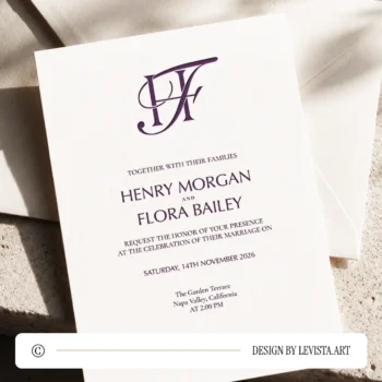 Rich lilac HF and FH wedding monogram with semi-bold interlocking letters as premium modern initials logo design with couple names on an invitation card lying on an envelope for luxury stationery, invites, mailing and décor
