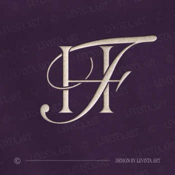 Silver HF and FH letter logo as refined initials design in modern minimalist style on a rich lilac background for exquisite wedding stationery suite, wax seals, embossing and foil stamping