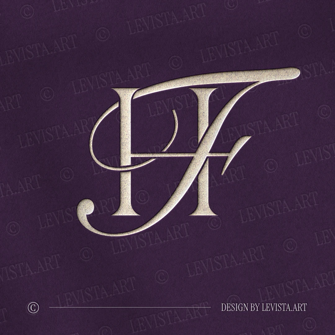 Silver HF and FH letter logo as refined initials design in modern minimalist style on a rich lilac background for exquisite wedding stationery suite, wax seals, embossing and foil stamping
