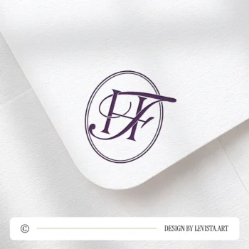 Rich lilac HF and FH logo design as stylish modern minimalist monogram on a light textured envelope for luxury stationery suites, wedding décor and high-quality print