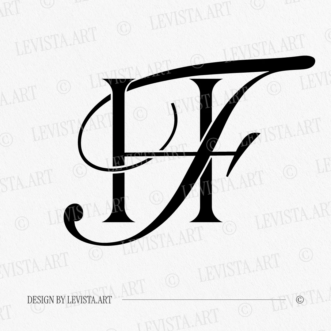 Black HF and FH wedding logo with semi-bold interlocking letters in modern minimalism on a white background for sophisticated stationery suite, embossing, quality letterpress and wax seals