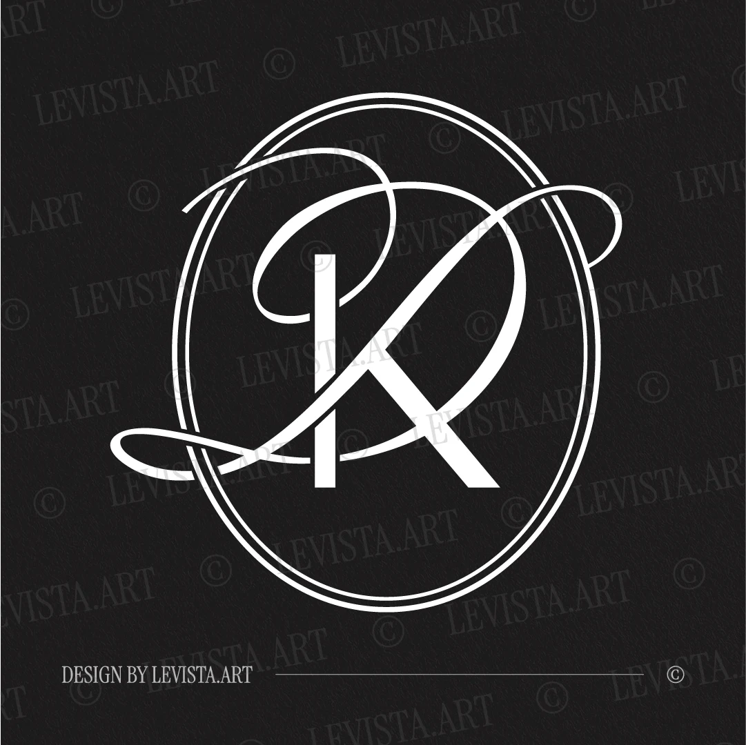 White KD and DK initials design as modern interlocking letter logo of minimalist straight K and artistic D in semi-bold lines on black background for foil stamping, gobo projections and floor wrap