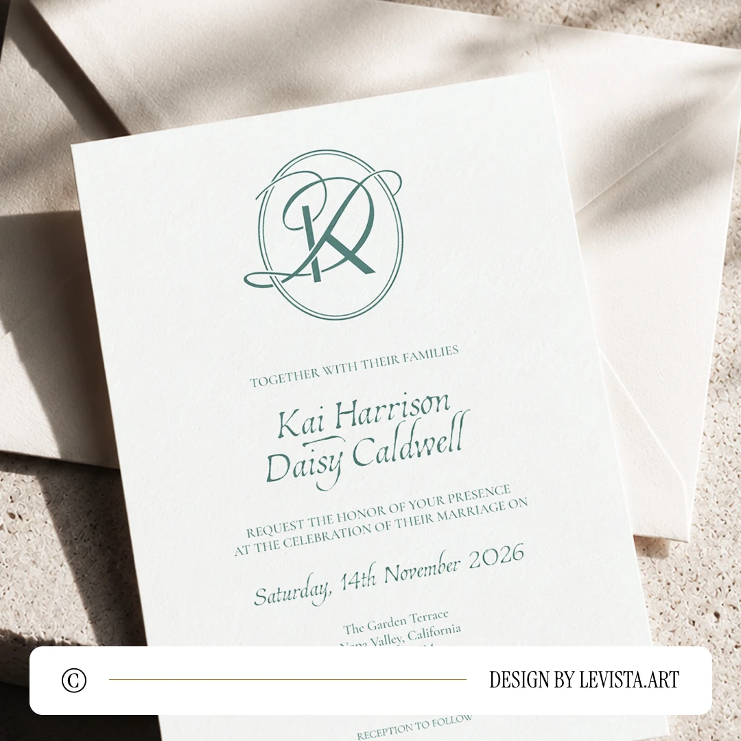 Emerald green KD and DK wedding monogram with elegant semi-bold interlocking K and D letters as premium modern initials logo design with couple names on an invitation card lying on a light envelope over sandstone for stationery suites, invites and letterpress
