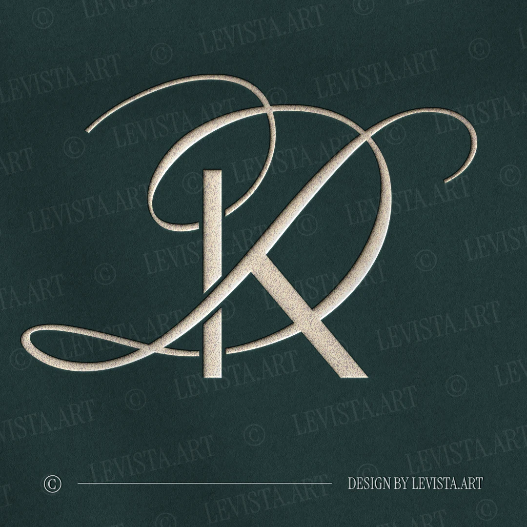 Silver KD and DK letter logo as refined initials design of D and K in modern minimalist overlay on an emerald green background for acrylic wedding signs, laser engraving and mirror invitations