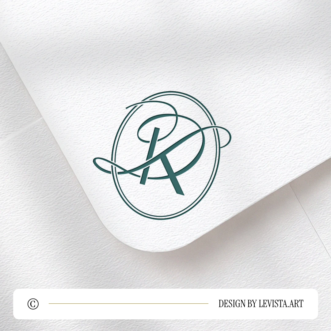 Emerald green KD and DK logo design as stylish modern minimalist monogram with interlock of semi-bold classic K and artistic D letters on a light textured envelope for wedding stationery suites, print and mailing