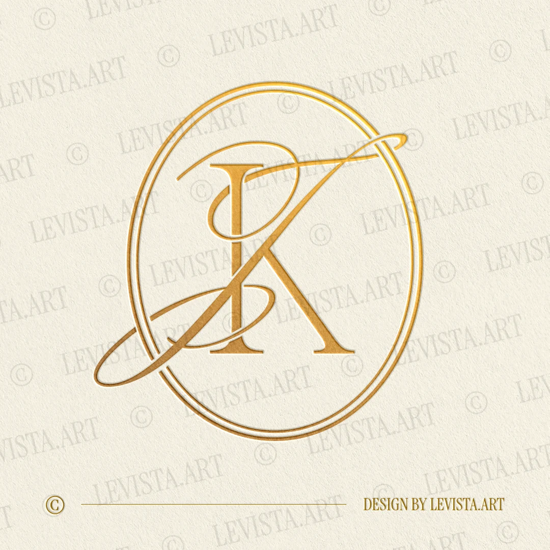 Gold KJ and JK monogram logo as elegant interlocking lettermark design of thin, straight K and artistic J letters in modern minimalist style for luxury wedding stationery, wax seals, foil stamping, embossing and branding