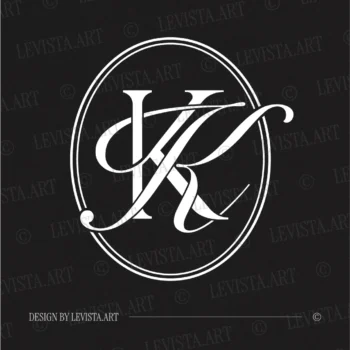 White KK initials design as modern minimalist interlocking letter logo on black background for sophisticated wedding stationery suite, gobo projections and floor wrap